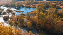 Autumn Forest River Landscape. Aerial View Of The Autumn Forest And River