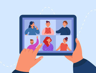 Poster - Hands holding tablet with video call flat vector illustration. Digital device with online group conference or remote meeting of colleagues. Social media, communication, technology vector illustration