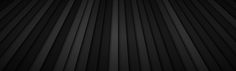 Abstract stripe header with different transparencies. Black metallic geometric background with dark gradient. Simple banner