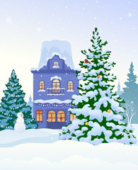 Wall Mural - Vector cartoon illustration of snowy house and snowman vertical background