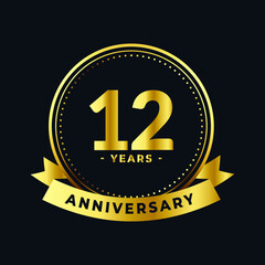 Twelve Years Anniversary Gold and Black Isolated Vector