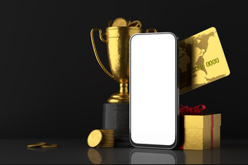 Reward for winning. First place in eSports. A mockup of a smartphone with a white screen on the background of a golden card, coins and credit cards with gift boxes. 3d render.