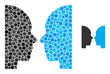 Dual faces vector composition of circle dots in variable sizes and color hues. Circle dots are composed into dual faces vector composition. Abstract vector design concept.