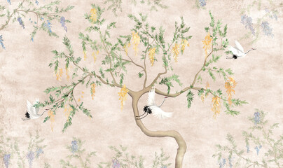 Plakat drzewa retro ogród japonia ptak