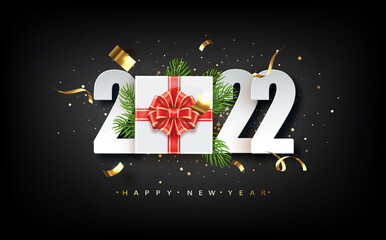 Wall Mural - happy new year 2022 design with gift box. holyday decorative elements on dark background. vector ill