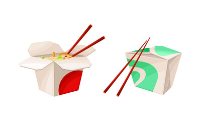 Wall Mural - Open and Closed Cardboard Box with Chopsticks and Chinese Udon Noodle Vector Set