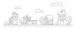 Neighborhood line art vector illustration with house collection. Cityscape with monochrome residential buildings.