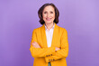 Photo of ceo brunette old lady crossed arms wear yellow jacket isolated on violet color background