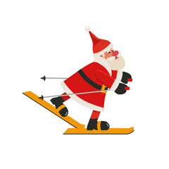 Wall Mural - Santa Claus skiing on ski cute vector icon isolated on white background. Father Christmas fun on ski cartoon design element illustration. Santa Claus skiing winter holiday season decoration element