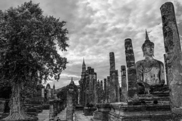 Canvas Print - Grayscale of Sukhothai Historical Park Mueang in Thailand