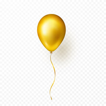 Gold Balloon Isolated On Transparent Background. Vector Realistic Golden Festive 3d Helium Balloon Template For Anniversary, Birthday Party Design