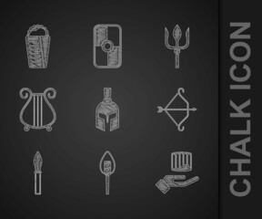 Set Greek helmet, Torch flame, Ancient column, Medieval bow with arrow, spear, lyre, Neptune Trident and Gyros Pita icon. Vector