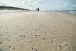 Zimowy spacer brzegiem Bałtyku. Chłodna tonacja, pomarszczona powierzchnia piaszczystej plaży, faktura, abstrakcja, tło. W oddali sylwetki spacerujących turystów.