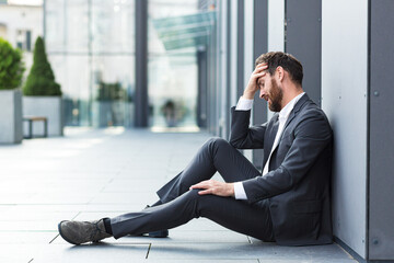 Sad depressed entrepreneur in formal suit worker man sitting near outdoors street near modern office business center. Upset male businessman lost job due financial crisis employee has problem. outside