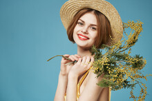 Attractive Woman Wearing Hat Flowers Decoration Summer Holiday