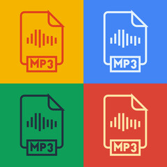 Aufkleber - Pop art line MP3 file document. Download mp3 button icon isolated on color background. Mp3 music format sign. MP3 file symbol. Vector