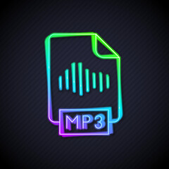 Poster - Glowing neon line MP3 file document. Download mp3 button icon isolated on black background. Mp3 music format sign. MP3 file symbol. Vector