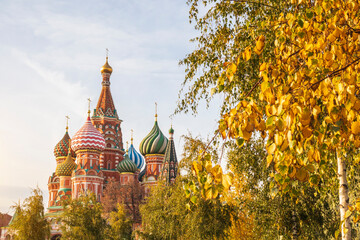 landscape of Moscow St. Basil's Church in autumn trees park Zaryadye