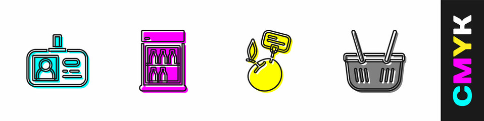 Poster - Set Identification badge, Commercial refrigerator, Supermarket food products with price label and Shopping basket icon. Vector