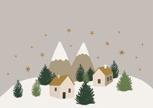 Winter Landscape Scene With Cute Small Houses The Forest, Mountains, Stars, Christmas Holy Night Vector Whimsical Illustration