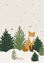 Winter Landscape Scene With Fox In The Forest, Christmas Holy Night Vector Whimsical Illustration