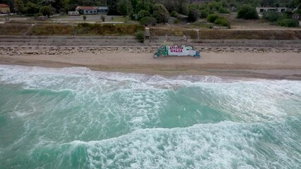 Canvas Print - Drone 4k video of bunker on a beach in Shabla town on the Black Sea coast in Bulgaria