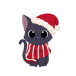 Ręcznie rysowany uroczy mały kotek w czapce Świętego Mikołaja i czerwonym szaliku. Wektorowa ilustracja zadowolonego, siedzącego kota. Słodki zwierzak gotowy na Święta Bożego Narodzenia i Nowy Rok.
