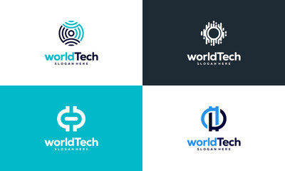 Wall Mural - Set of Modern World Tech logo designs concept vector illustration, Abstract Circle Technology logo template, Wire Tech logo designs vector