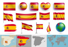 Spain Flags Of Various Shapes And Geographic Map Set. Realistic Waving Spanish Flags, Glossy 3d Buttons, Highly Detailed Map And Globe With Location Identification Pin Vector Illustration