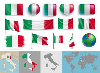 Wall Mural - set of italy flags of various shapes and maps. realistic waving italian flag on pole, table flag, gl