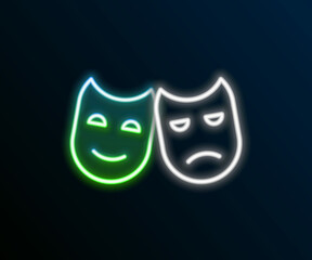 Wall Mural - Glowing neon line Comedy and tragedy theatrical masks icon isolated on black background. Colorful outline concept. Vector