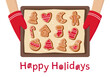 Hands holding oven-tray with gingerbread cookies. Happy Holidays card with Christmas bakery - gingerbread men, tree, bell, mitten, bird, heart. Festive baking for winter holidays. Vector illustration.