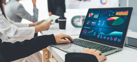 Poster - businesswoman in business meeting using laptop computer proficiently at office for marketing data an