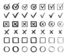 Check And Cross Mark Set. Hand Drawn Doodle Sketch Style. Vote, Yes, No Drawn Concept. Checkbox, Cross Mark With Box, Circle Element. Vector Illustration.