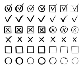 Aufkleber - Check and cross mark set. Hand drawn doodle sketch style. Vote, yes, no drawn concept. Checkbox, cross mark with box, circle element. Vector illustration.