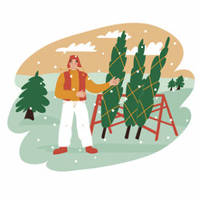 Man Selling Christmas Trees At The Fair. Vector Illustration In Flat Style. Celebration Holiday, New Year, Home Decoration. Preparation To Holiday, Season, Winter, Snowy Day.