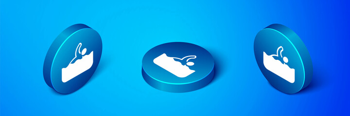 Isometric Swimmer athlete icon isolated on blue background. Blue circle button. Vector