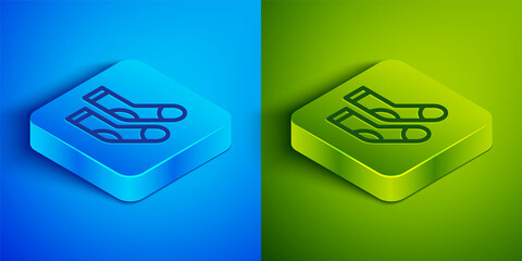 Poster - Isometric line Socks icon isolated on blue and green background. Square button. Vector