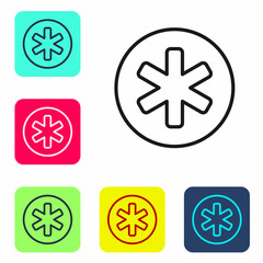 Poster - Black line Medical symbol of the Emergency - Star of Life icon isolated on white background. Set icons in color square buttons. Vector