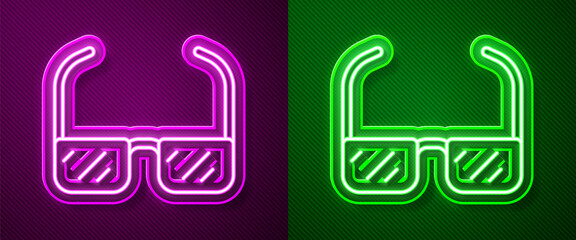 Poster - Glowing neon line Safety goggle glasses icon isolated on purple and green background. Vector