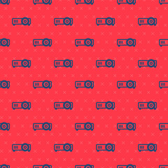 Wall Mural - Blue line Presentation, movie, film, media projector icon isolated seamless pattern on red background. Vector