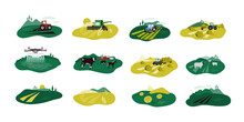 Agriculture Isolated Illustrations. Icons Of Tractor, Farm Animals, Combine Harvester, Drone. Vector Set Of Agricultural Industry Scenes. Farming Field, Livestock, Cultivated Land, Harvest, Hayfield