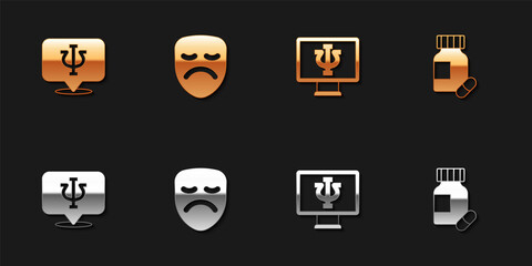 Sticker - Set Psychology, Psi, Drama theatrical mask, Psychologist online and Sedative pills icon. Vector