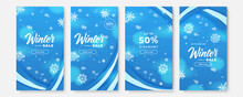 Winter Sale Vector Poster Or Banner Set With Discount Text And Snow Elements In Blue And Red Snowflakes Background For Shopping Promotion. Vector Illustration. Winter Christmas Sale Story Social Media
