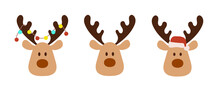 Set Of Cute Reindeer Head Isolated On White Background. Funny Simple Flat Vector Illustration Christmas Reindeer In Hat And Garland With Light Bulbs