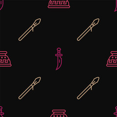 Poster - Set line Greek ancient bowl, Medieval spear and Dagger on seamless pattern. Vector