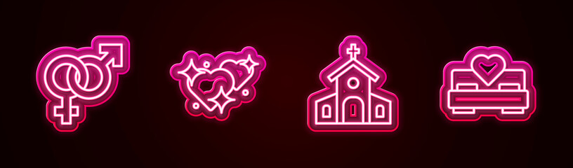 Sticker - Set line Gender, Two Linked Hearts, Church building and Bedroom. Glowing neon icon. Vector