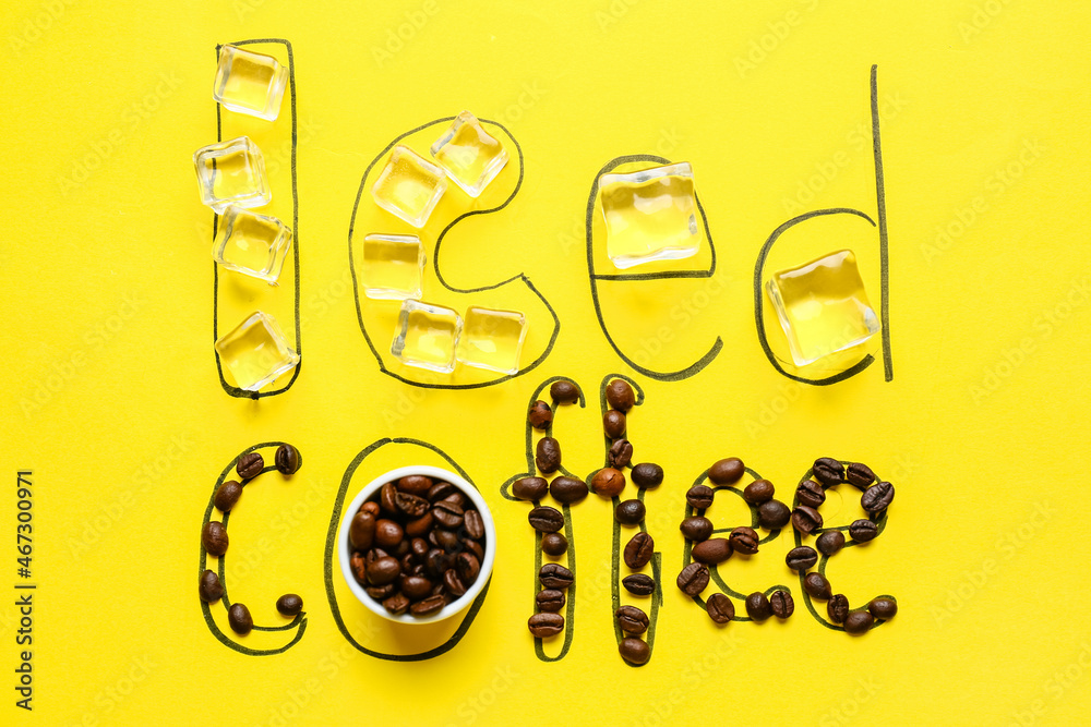 Text ICED COFFEE made of ice and beans on color background