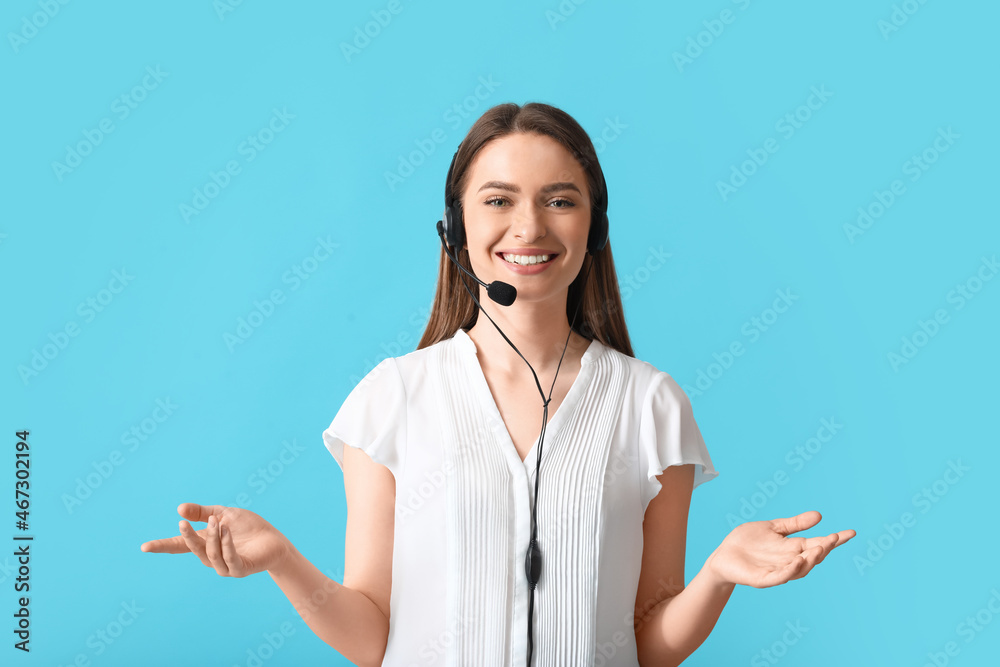 Female technical support agent on color background
