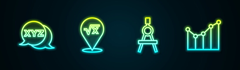 Poster - Set line XYZ Coordinate system, Square root of x glyph, Drawing compass and Graph, schedule, chart, diagram. Glowing neon icon. Vector